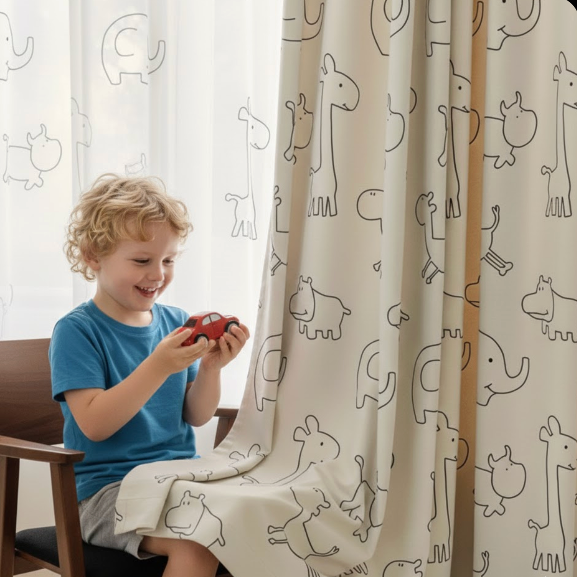 Rideau enfant imprimé animaux dans chambre | Fable | Instant Rideau