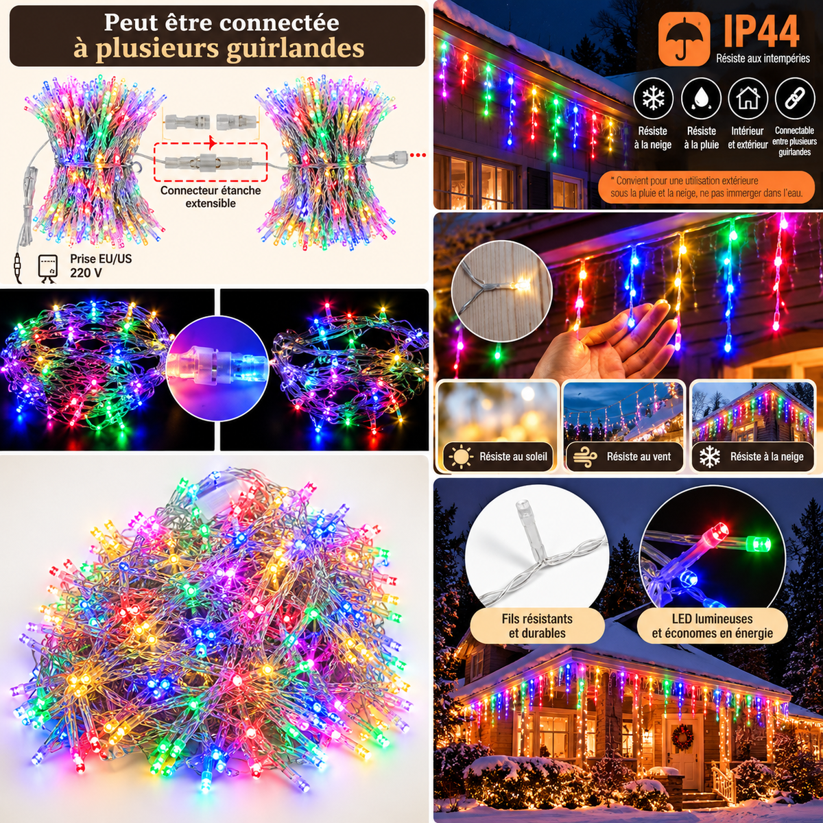 Cascade LED multicolore pour décoration extérieure de Noël, idéale pour embellir une façade, un balcon ou une terrasse avec un effet lumineux en cascade | Instant Noël | Instant rideau
