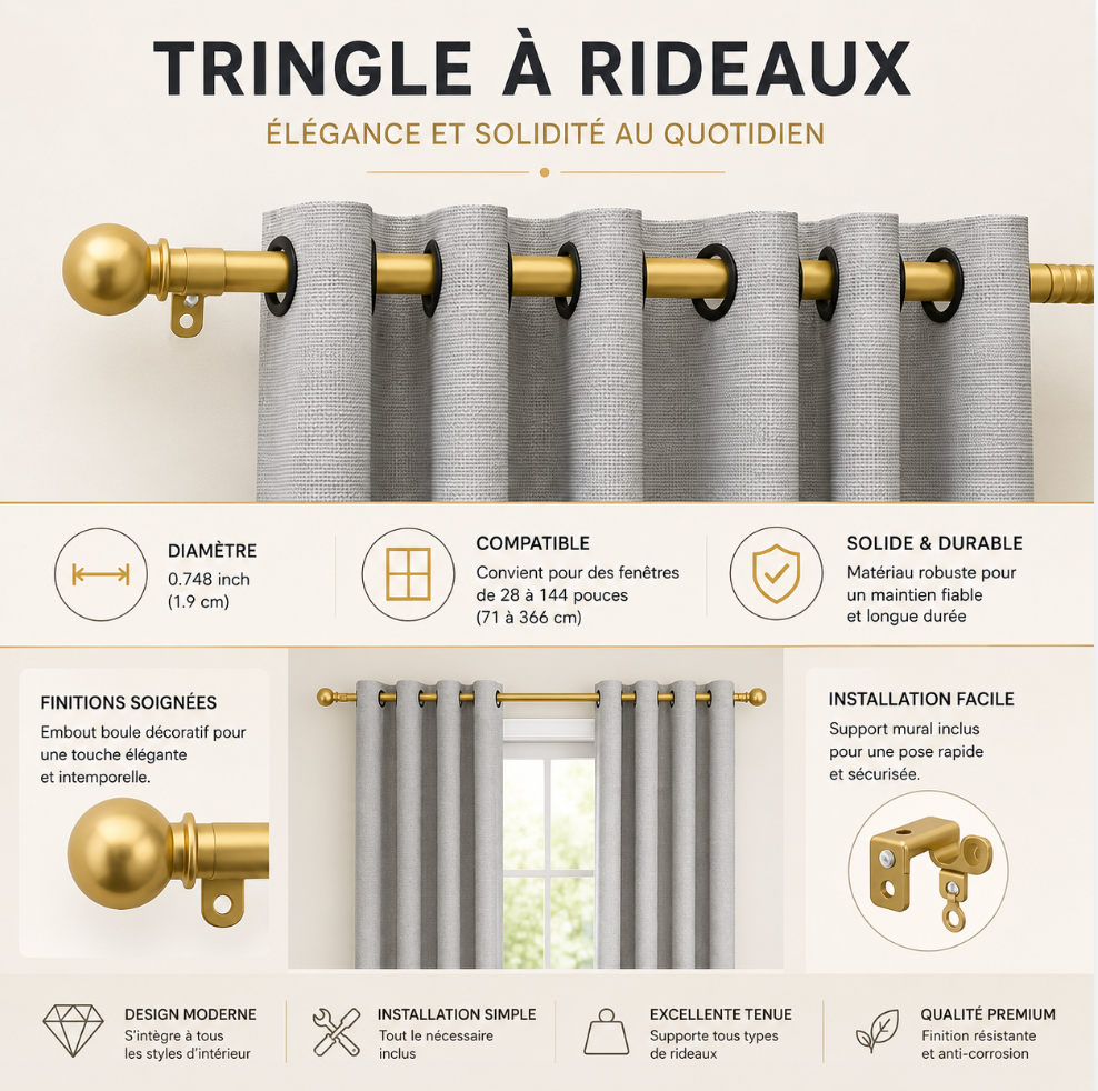Détails , caractéristiques tringle rideau en or | Instant rideau