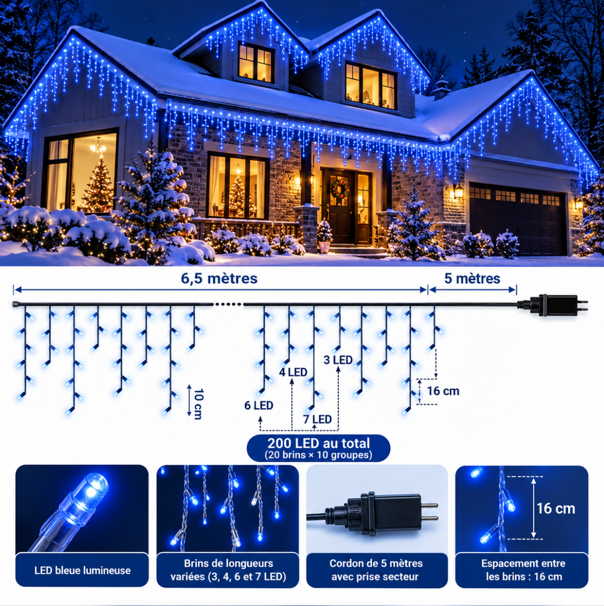 Guirlande de Noël LED bleue effet glaçons suspendus, parfaite pour décorer une façade de maison, une terrasse ou un balcon avec une cascade lumineuse hivernale et festive | Instant Noël | Instant rideau