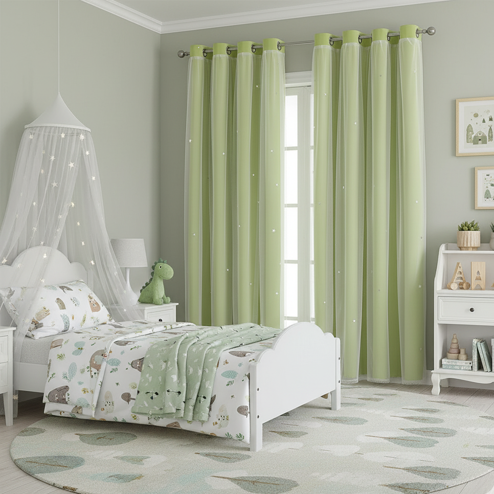 Lot de 2 rideaux verts occultants en polyester 100 %, offrant confort total et nuits paisibles | Kidy | Instant Rideau