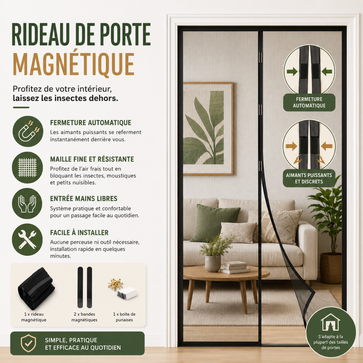Moustiquaire de porte magnétique autofermante avec fermeture par aimants puissants, installation sans perçage, toile respirante anti moustiques et anti mouches | Ventora | Instant Rideau