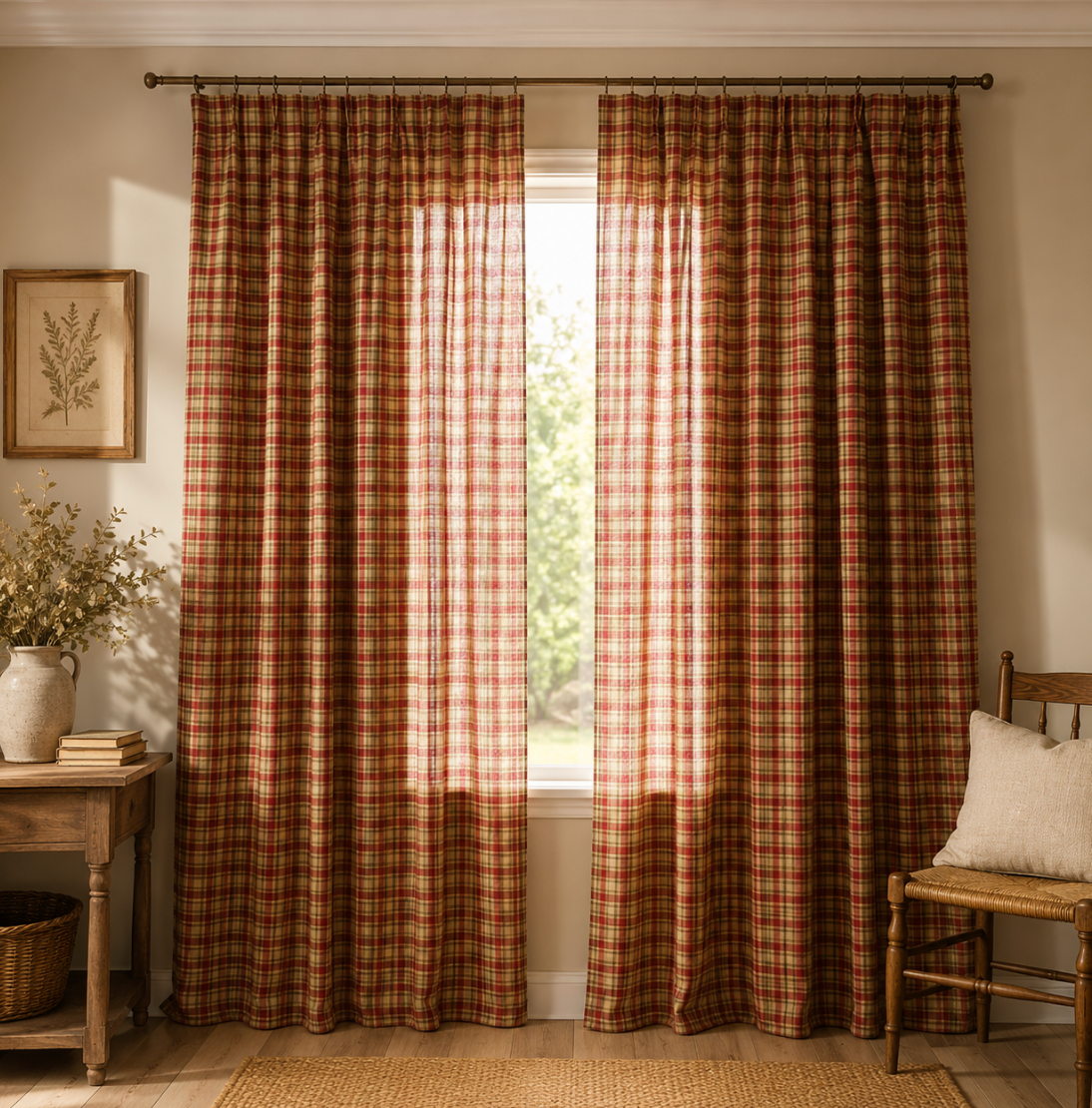 Rideau à carreaux rouge en lin et coton pour salon et chambre, tissu semi-occultant filtrant la lumière et motif Vichy au charme cottage authentique | Cottage | Instant rideau