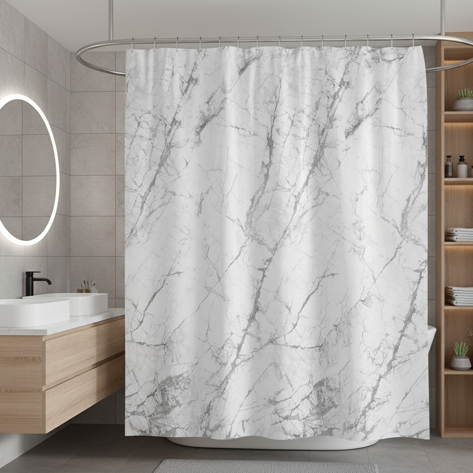 Rideau de douche couleur blanc et gris salle de bain effet marbre | Marbrelle | Instant rideau
