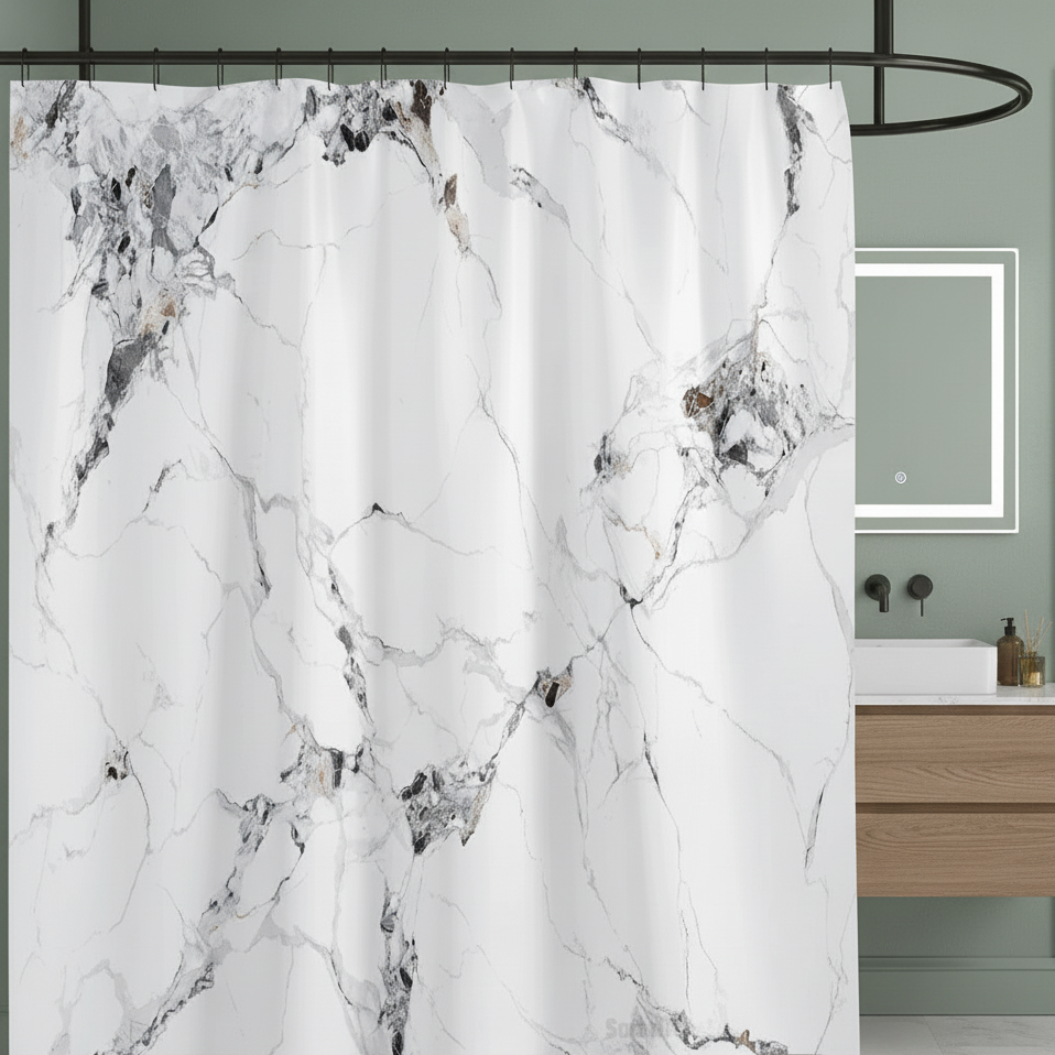 Rideau de douche couleur blanc et noir salle de bain effet marbre | Marbrelle | Instant rideau