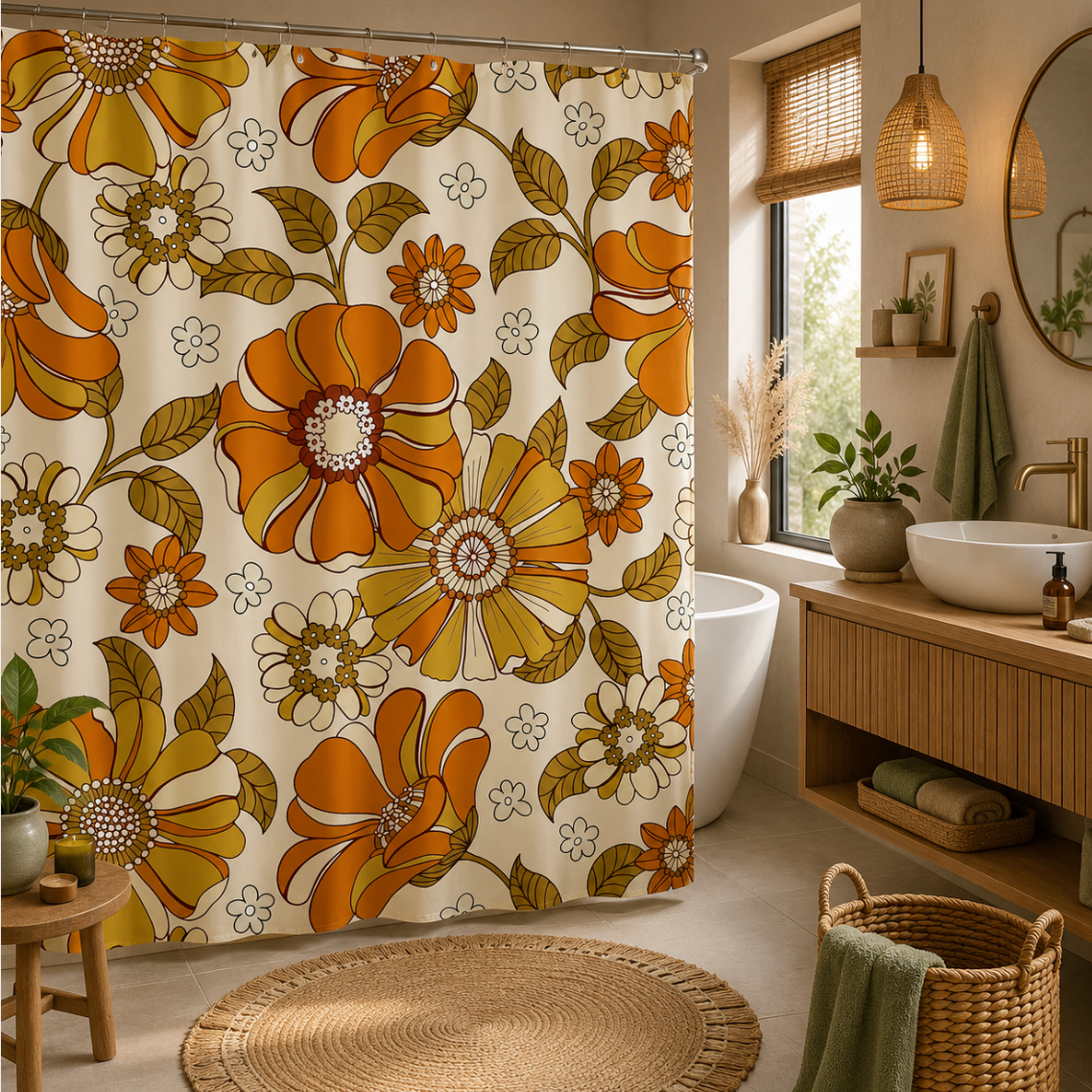 Rideau de douche décoratif style années 70 avec design rétro chic, couleurs chaleureuses et finition de qualité | Punchy | Instant Rideau