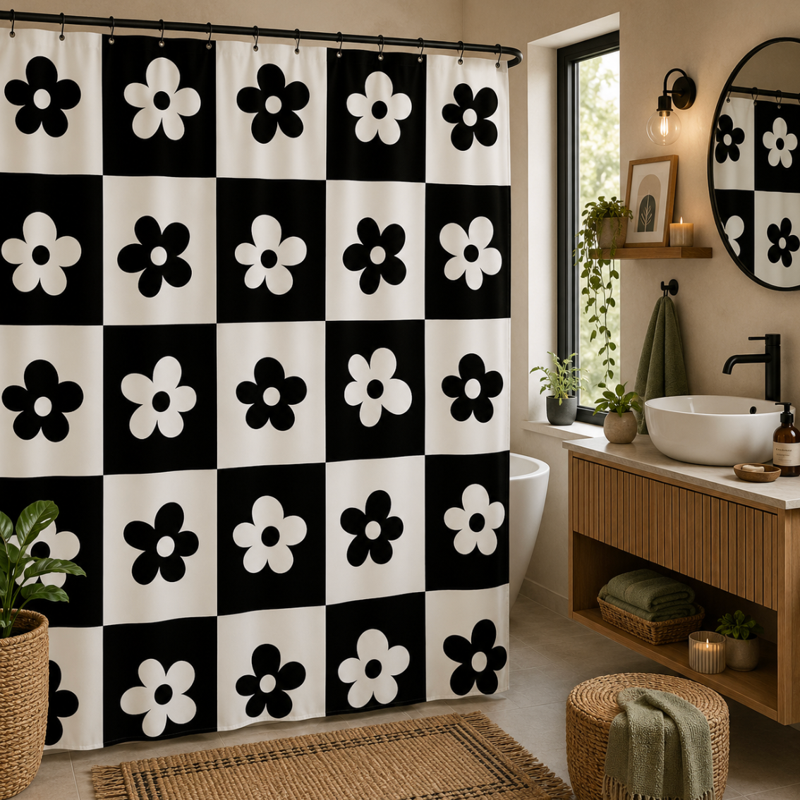 Rideau de douche rétro aux coloris originaux avec design unique, protection contre l’eau et décoration moderne | Punchy | Instant Rideau