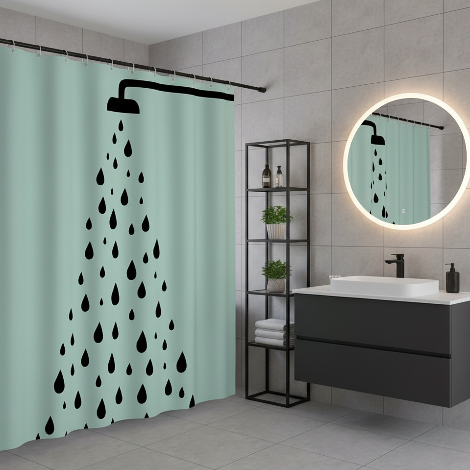 Rideau de douche avec motif vert d'eau pour salle de bain | Hydra | instant rideau