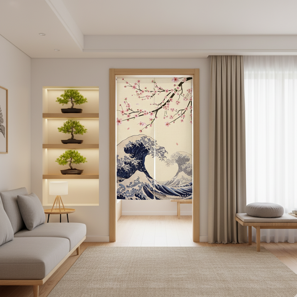 Rideau de porte japonais avec fleurs de cerisier | Noren | Instant Rideau