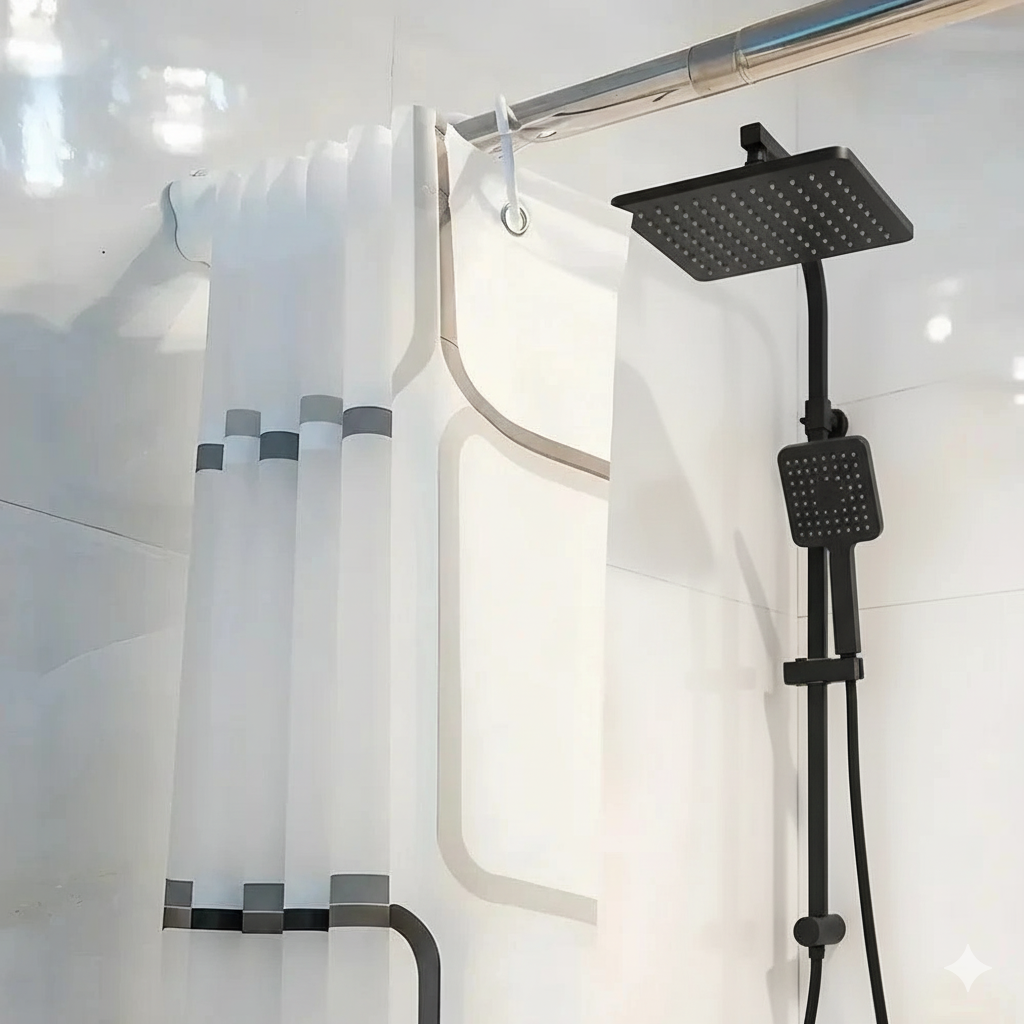 Rideau de douche à carreaux rectangle blanc attache | Doucy | Instant rideau