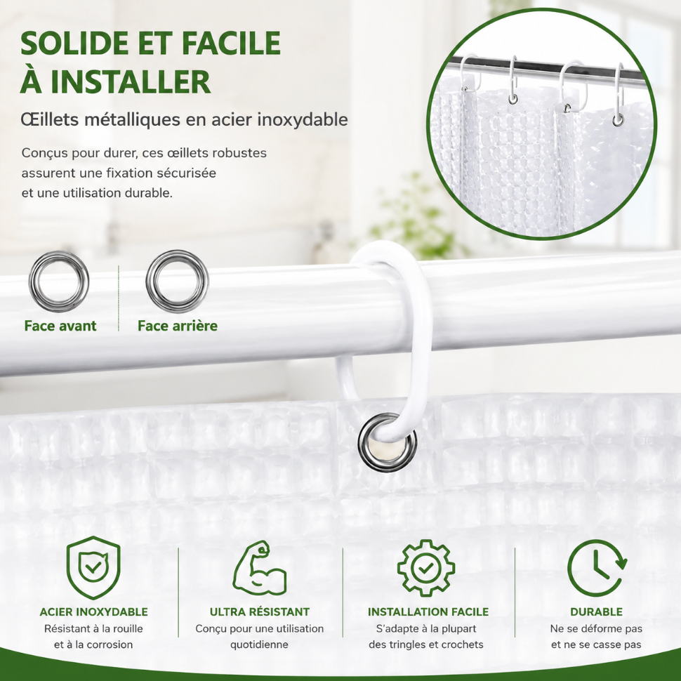 Rideau de douche transparent avec aimants de maintien en partie basse, surface imperméable et design discret adapté aux salles de bain modernes | Tchi | Instant rideau