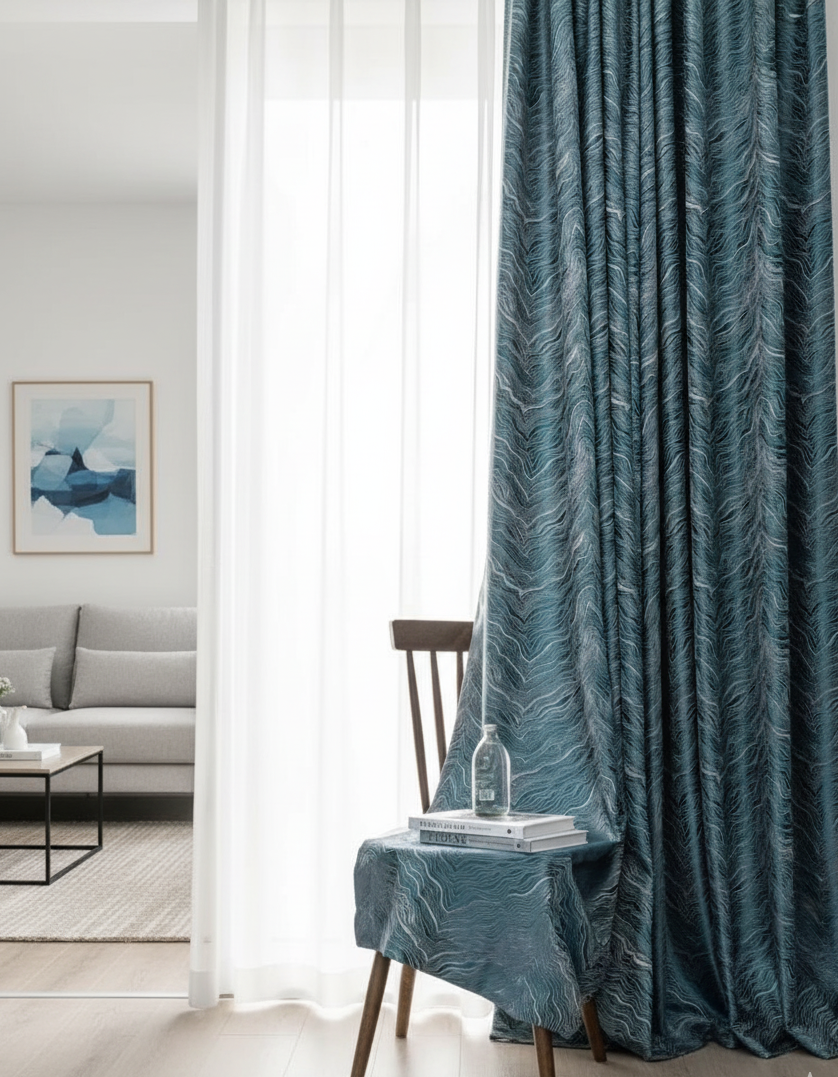 Rideau en jacquard bleu prestigia pose sur une chaise en bois | Prestigia | Instant Rideau