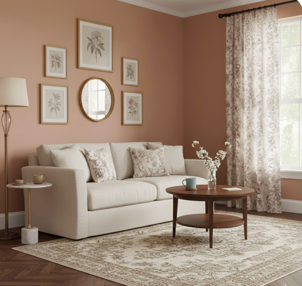 Rideau floral haut de gamme en coton et lin avec motifs rouges, ambiance chaleureuse pour salon | Cotale | Instant rideau