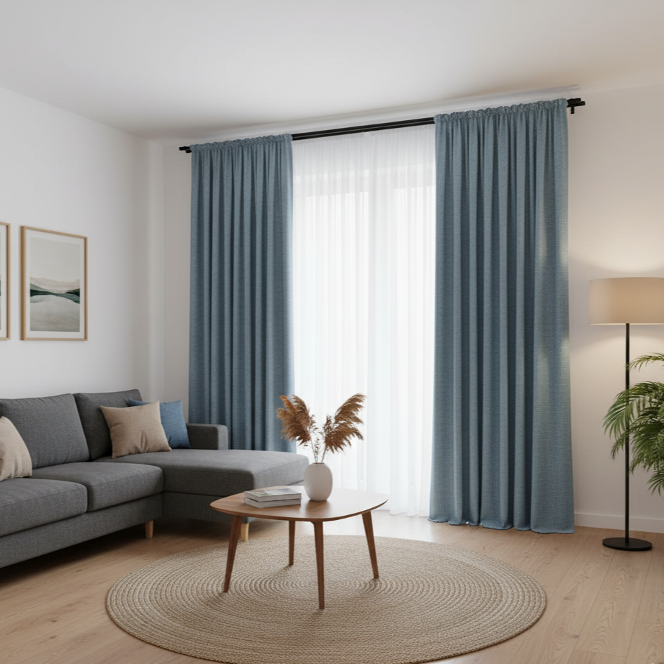 Rideau isolant phonique bleu clair offrant tranquillité et confort dans votre maison | Silencio | Instant rideau