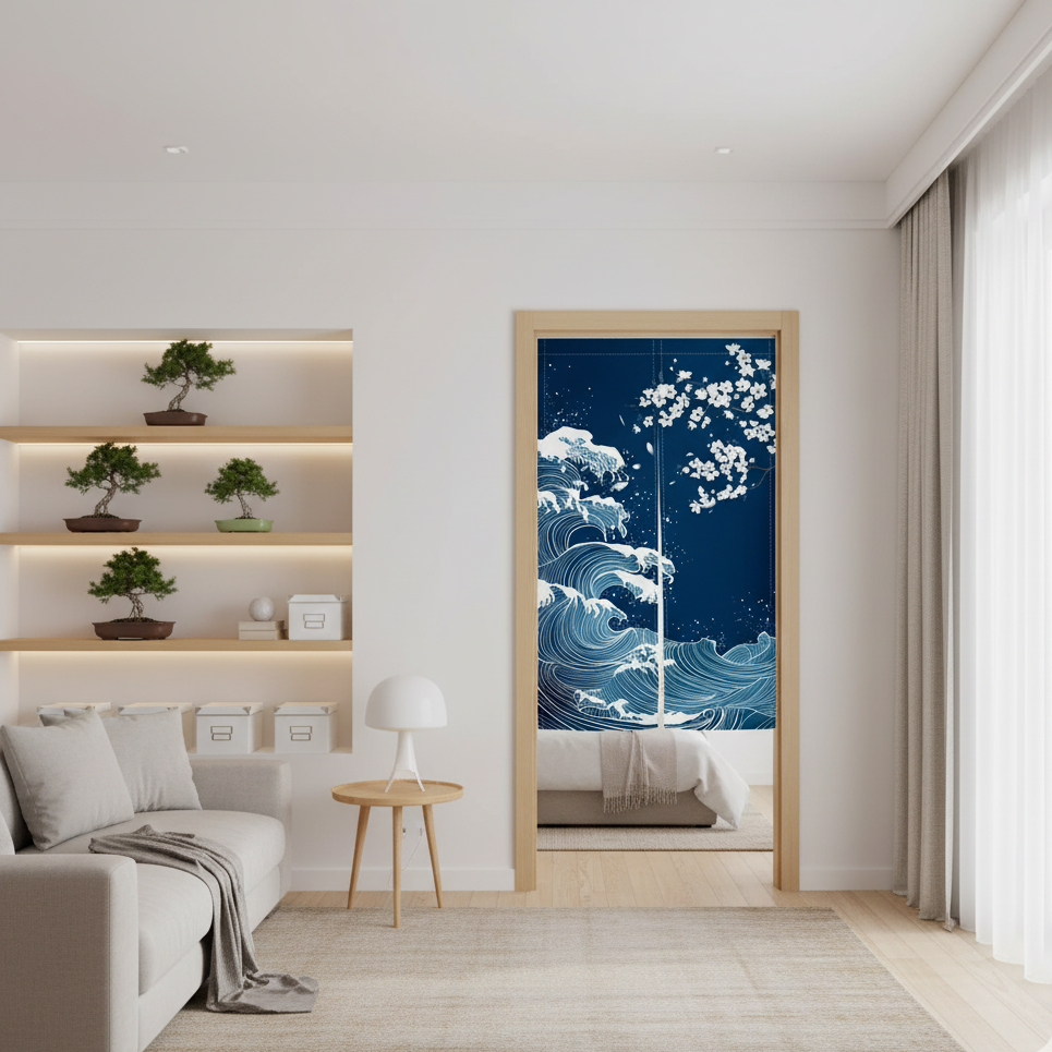 Rideau japonais bleu dans une pièce beige et blanche | Noren | Instant Rideau