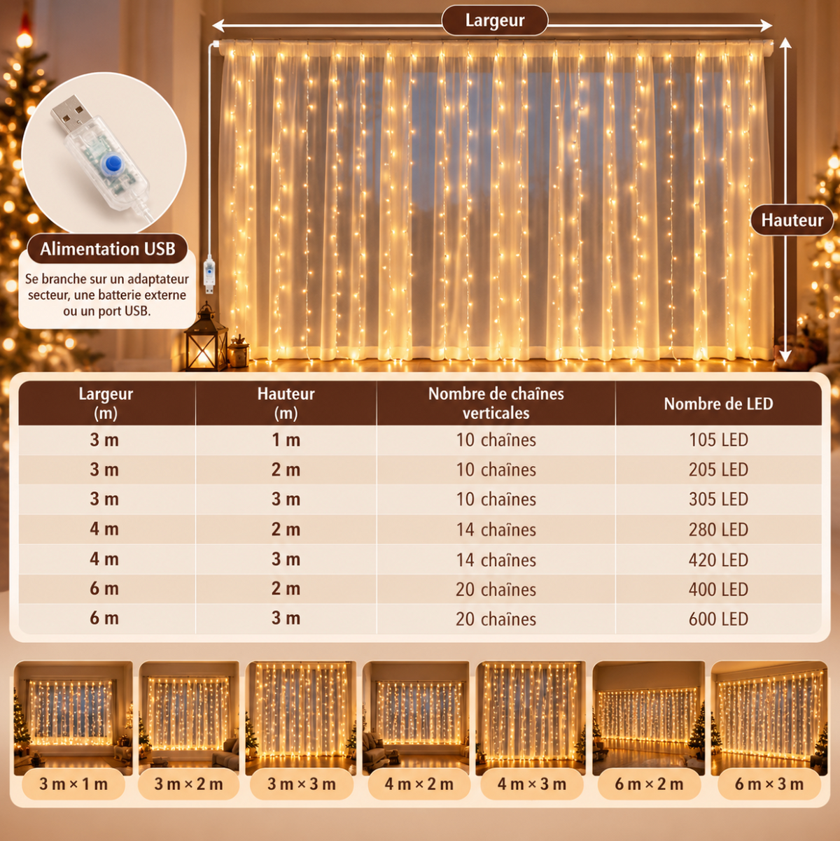 Rideau lumineux LED blanc chaud pour décoration de Noël, avec effet cascade et branchement USB, idéal pour créer une ambiance festive et scintillante dans la maison | Instant Noël | Instant rideau