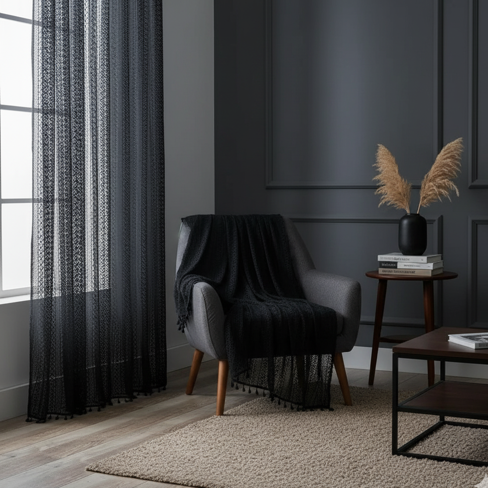 Rideau noir élégant tamisant la lumière tout en sublimant vos fenêtres | Tisséo | Instant rideau