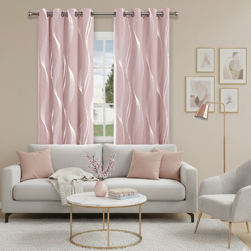 Rideau occultant rose dans un salon beige et rose pale | Noctis | Instant Rideau