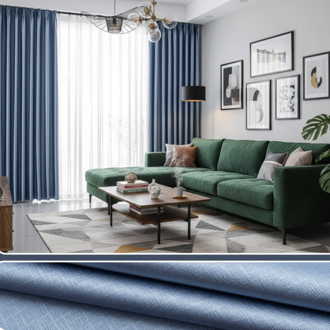 Rideau occultant thermique bleu dans un salon qui apporte de la chaleur rideau pour baie vitrée | Throne | Instant rideau