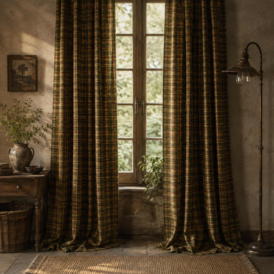 Rideau vert à carreaux Vichy en lin et coton, tissu semi-occultant filtrant la lumière naturelle pour une décoration chaleureuse et authentique | Cottage | Instant rideau