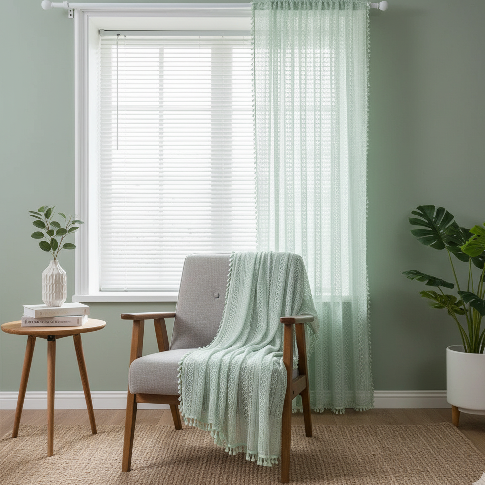 Rideau vert clair élégant tamisant la lumière tout en sublimant vos fenêtres | Tisséo | Instant rideau