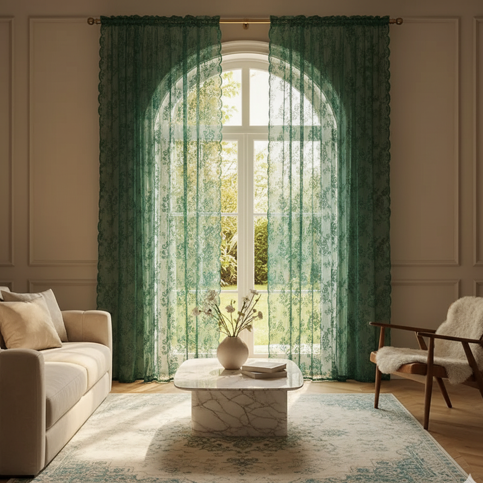 Rideau voilage vert élégant et moderne salon baie vitrée | Brodia | Instant rideau