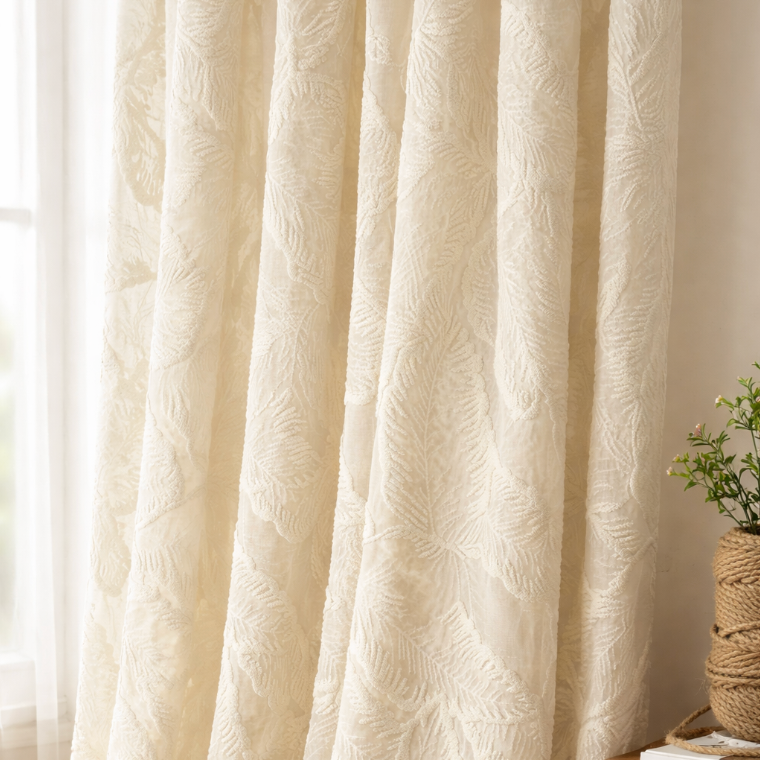 Rideau voilage motif feuille crème , panneau tamisant lumineux style naturel chic décoration intérieure | Puro | instant rideau