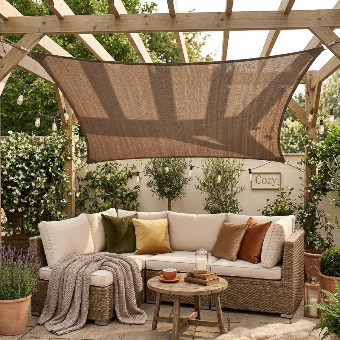Toile d’ombrage marron anti UV terrasse jardin style naturel extérieur | Sunara | Instant rideau