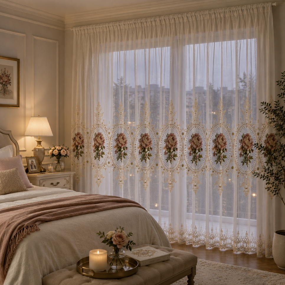 Voilage floral transparent élégant pour fenêtre avec fleurs et ornements brodés, idéal pour habiller un intérieur chic tout en conservant la lumière naturelle | Duchesse | Instant rideau