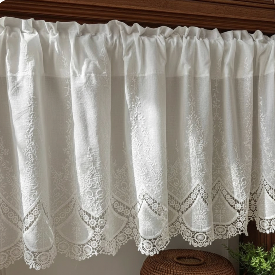 Brise bise fleurs brode en coton blanc sur meuble bois | Shabby | Instant Rideau