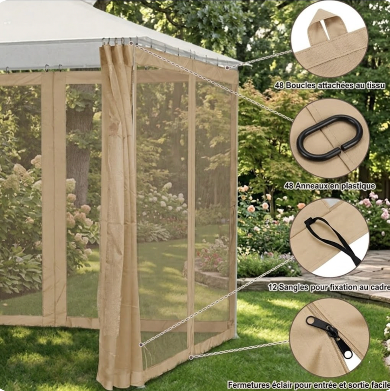 Moustiquaire beige pour gazebo accessoires | Cocoon | Instant Rideau