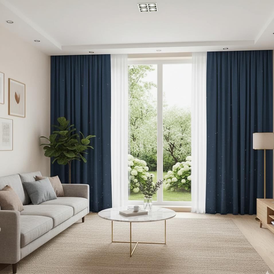 Rideau bleu occultant installe dans un salon beige clair | Nobilis | Instant Rideau