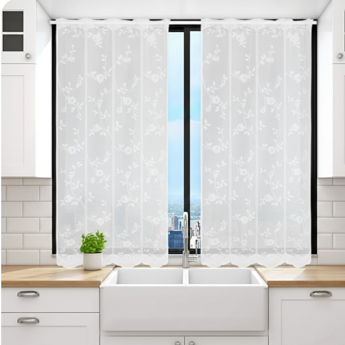 Rideau court blanc motif fleur cuisine | Clairine | Instant Rideau