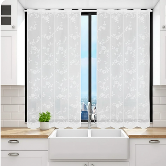 Rideau court blanc motif fleur cuisine | Clairine | Instant Rideau