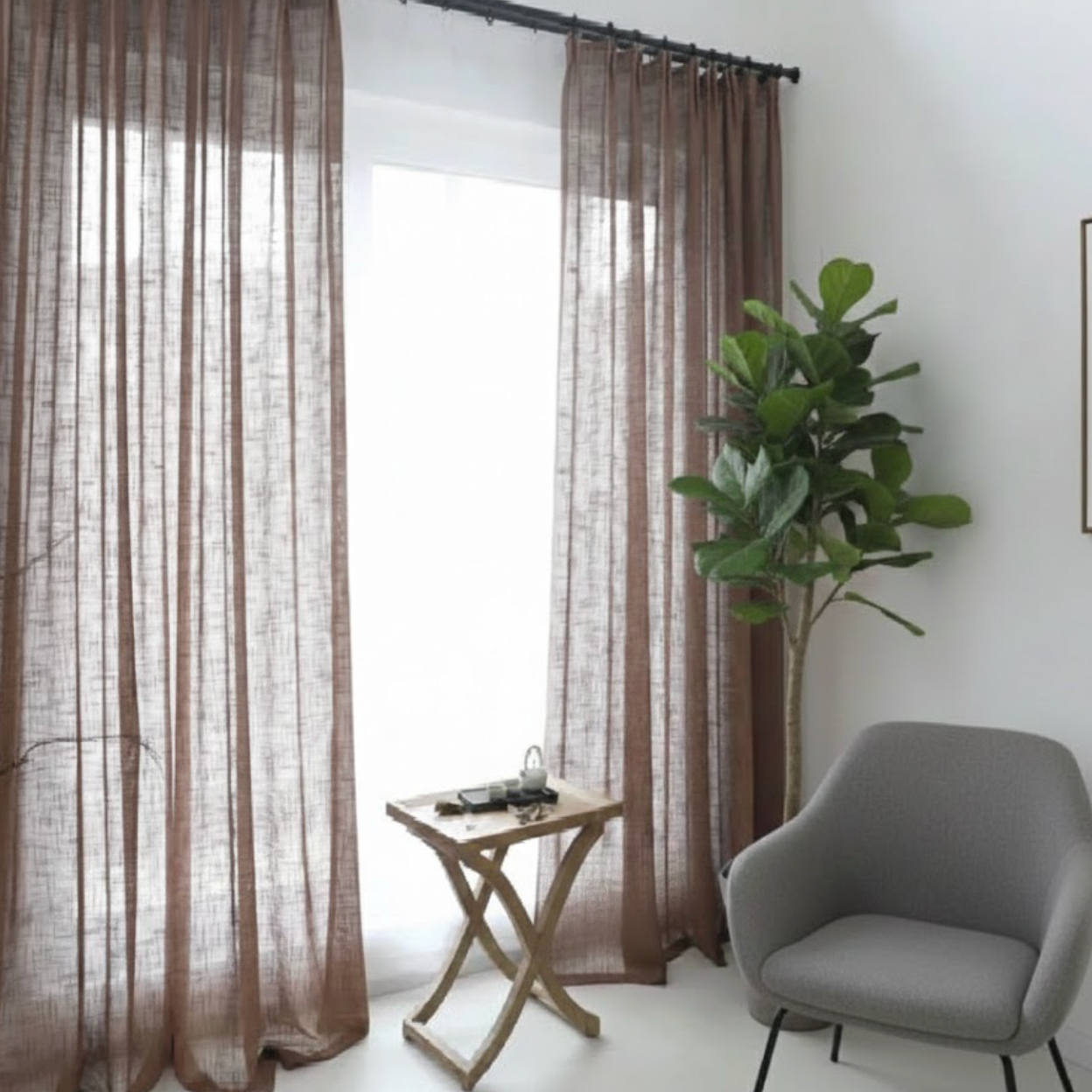 Rideau marron en lin naturel et coton crochets | Épure | Instant Rideau