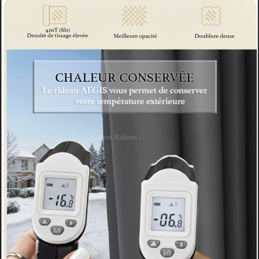 Rideau occultant thermique gris en coton epais chaleur | Aegis | Instant Rideau