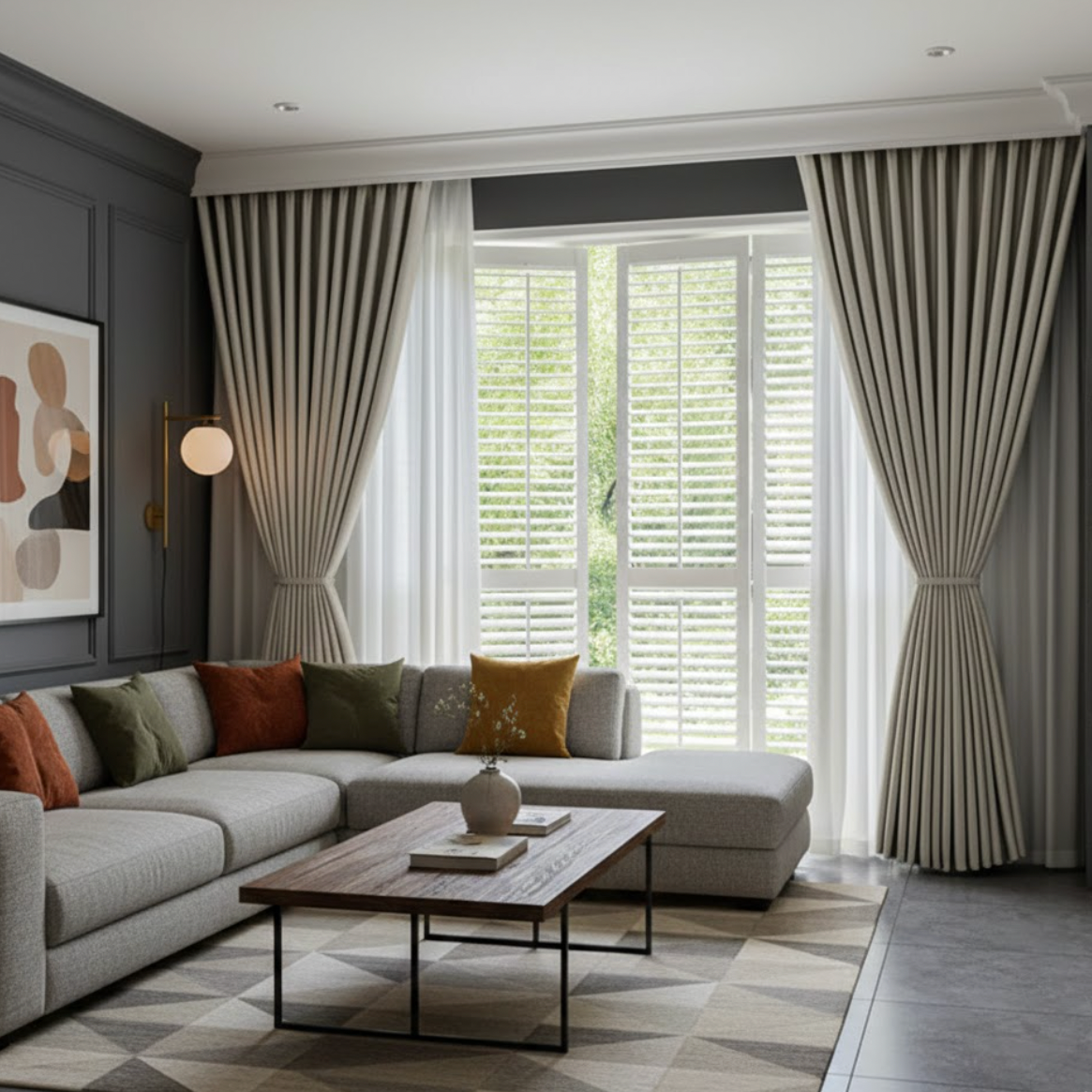 Rideau phonique obscurcissant beige crochets | Calm | Instant Rideau