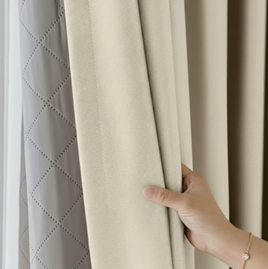 Rideau phonique obscurcissant beige crochets motif | Calm | Instant Rideau