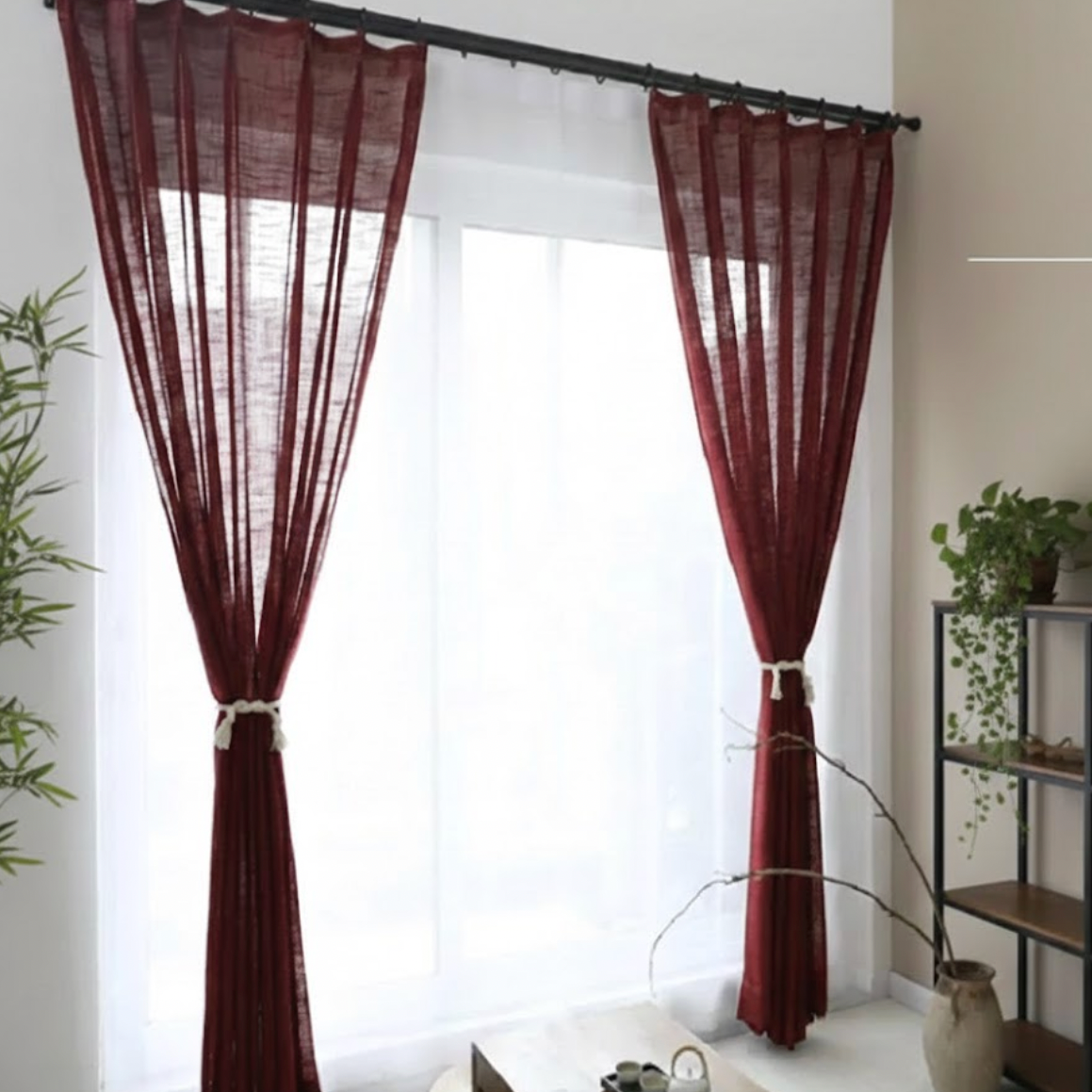 Rideau rouge en lin naturel et coton crochets | Épure | Instant Rideau