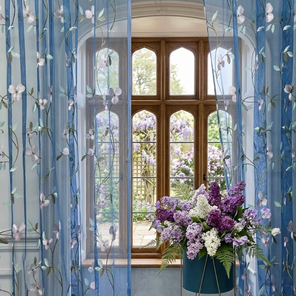 Rideau voilage floral bleu fenetre | Flora | Instant rideau