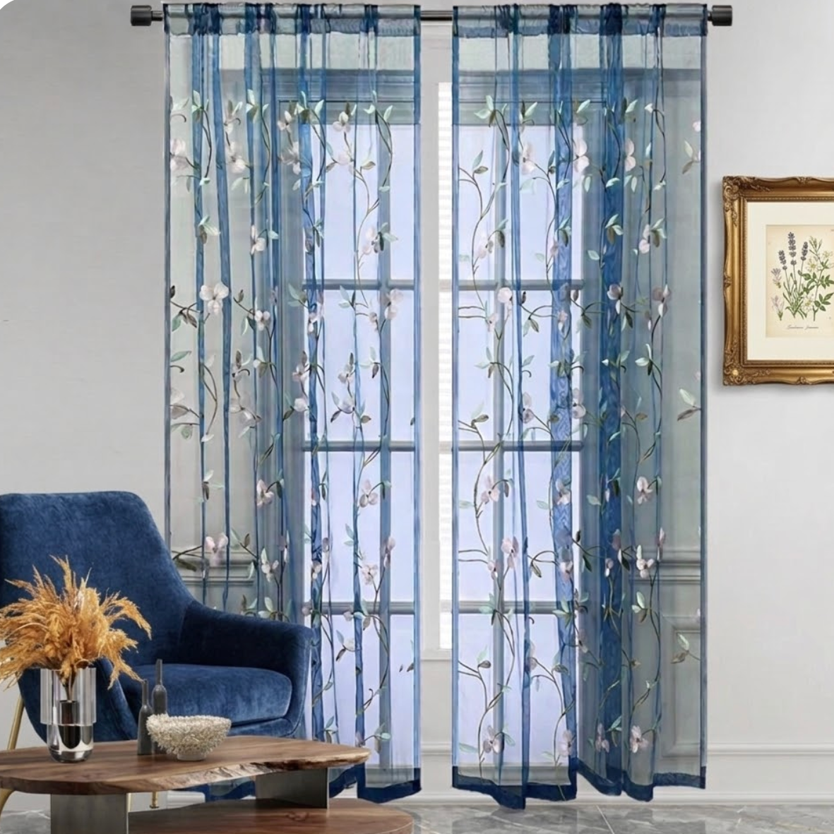 Rideau voilage floral bleu fenetre  passe tringle | Flora | Instant rideau