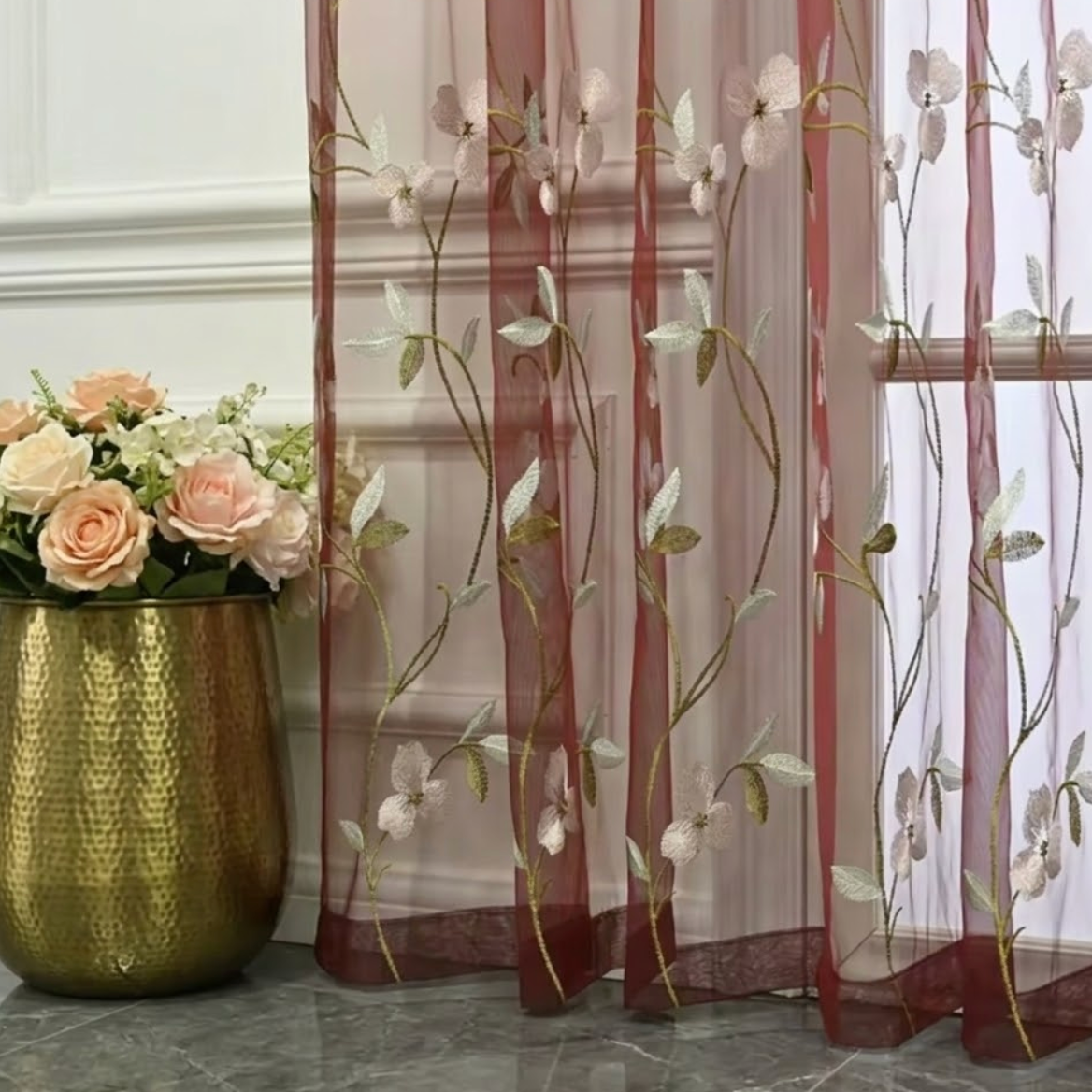 Rideau voilage floral rouge tissu | Flora | Instant Rideau