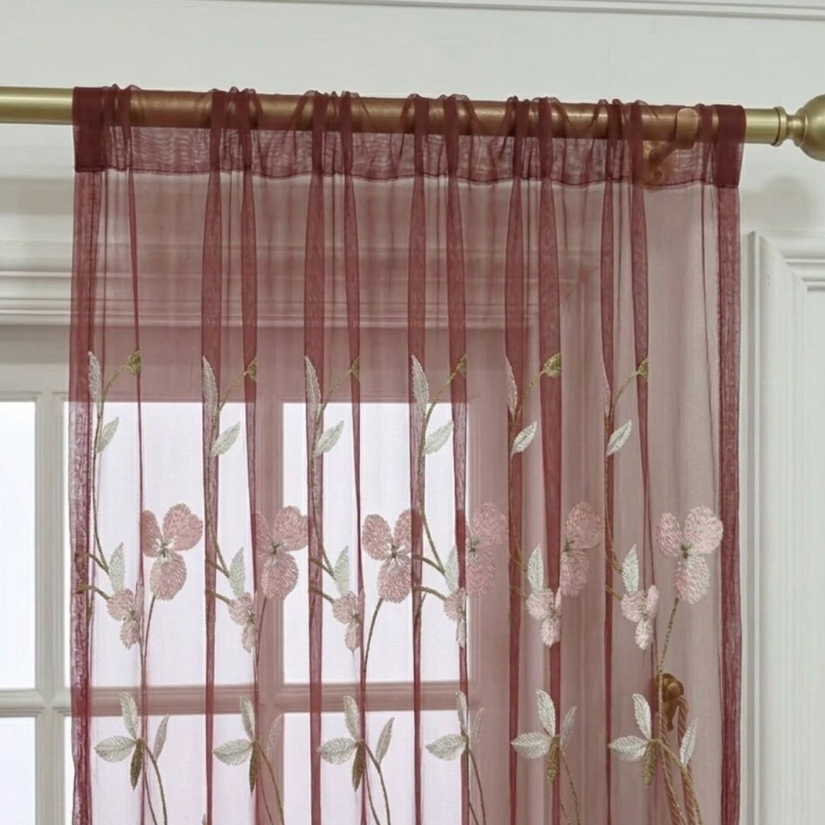 Rideau voilage floral rouge tissu passe tringle | Flora | Instant Rideau