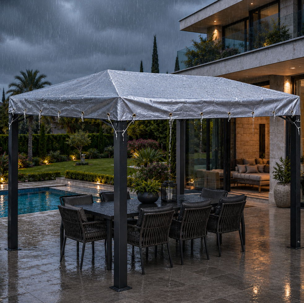 Bâche de protection argentée haute résistance en polyéthylène avec fixation par œillets, idéale pour pergola, salon de jardin, voiture, bateau et piscine | Fortexa | Instant Rideau