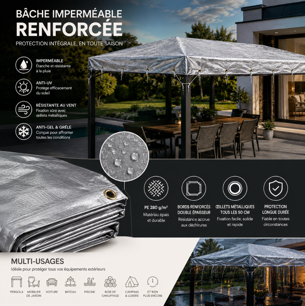 Bâche étanche argentée en PE 280 g/m² pour pergola, mobilier de jardin, barbecue, bois de chauffage et équipements extérieurs avec revêtement anti-UV | Fortexa | Instant Rideau