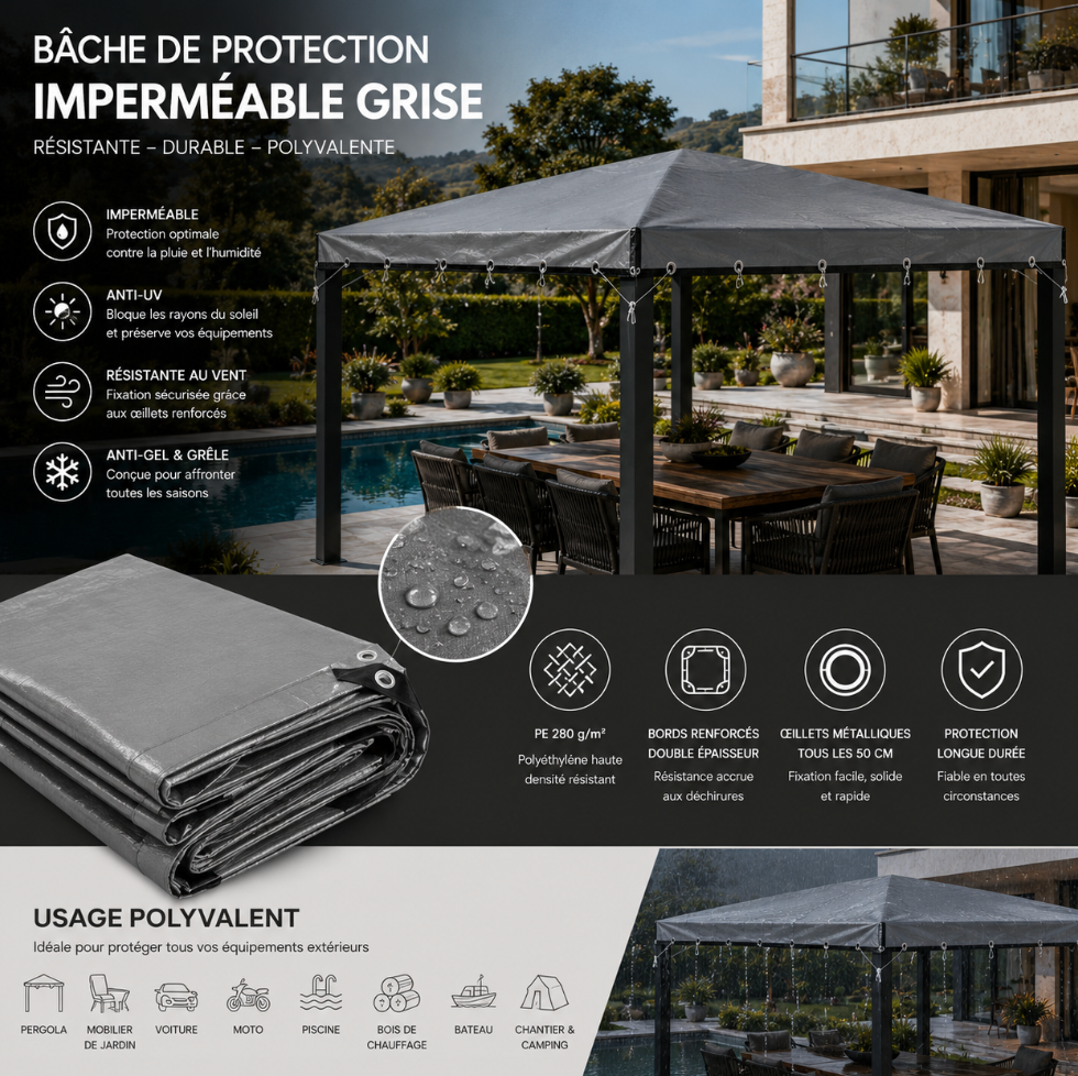 Bâche étanche grise pour pergola, mobilier de jardin, voiture, moto, piscine, remorque, barbecue et équipements extérieurs avec protection anti-UV | Fortexa | Instant Rideau