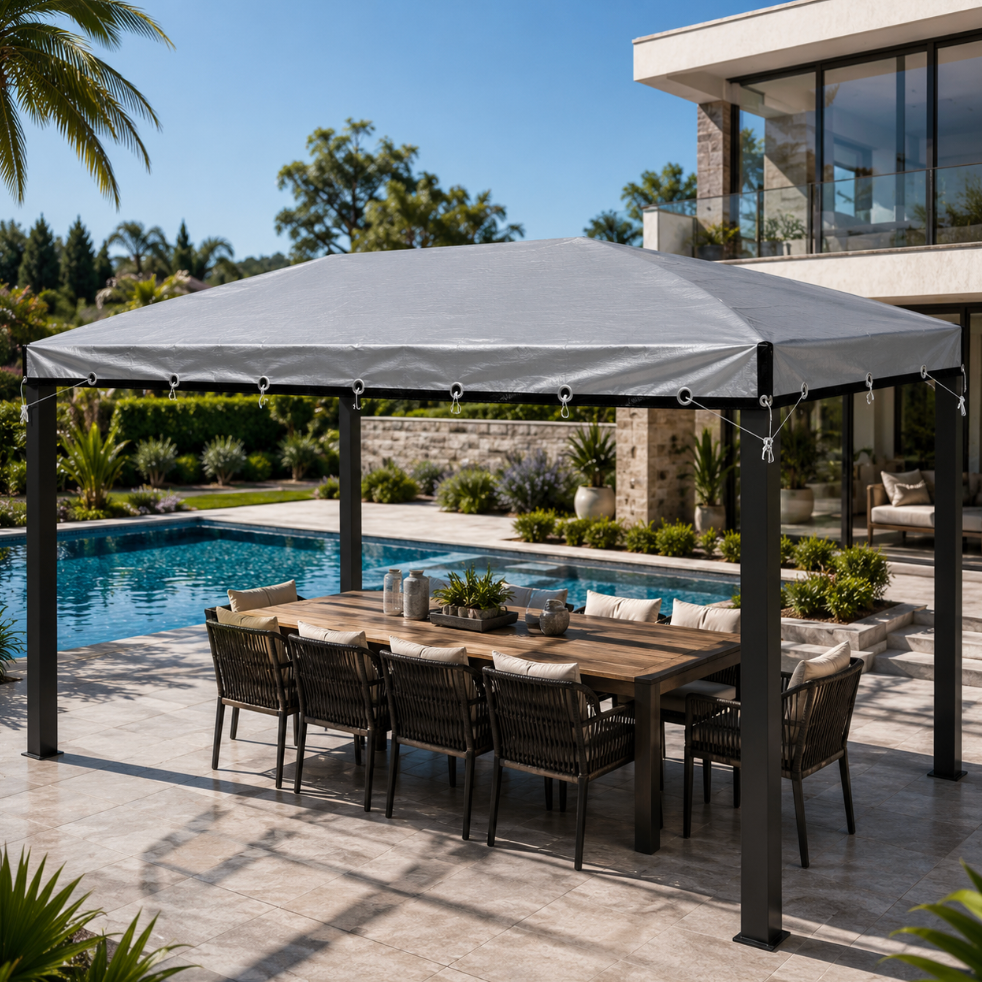Bâche grise imperméable 280 g/m² avec œillets métalliques renforcés, protection extérieure contre pluie, UV, vent, gel, grêle et intempéries | Fortexa | Instant Rideau