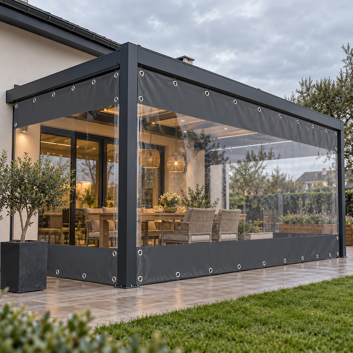Bâche haute résistance pour pergola en PVC imperméable, idéale pour protéger votre terrasse contre la pluie, le vent et les intempéries tout en aménageant un espace extérieur confortable | Clairéo™ | Instant rideau