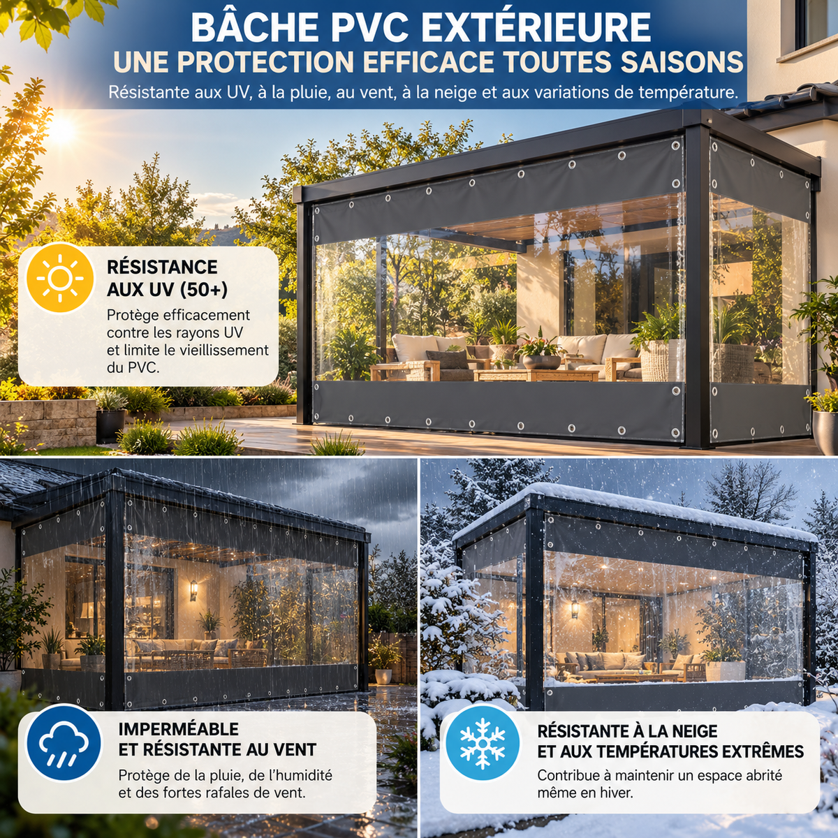 Bâche imperméable pour pergola en PVC de 500 g/m² et 0,45 mm d'épaisseur, pratique pour protéger une terrasse ou un espace de jardin contre les intempéries | Clairéo™ | Instant rideau