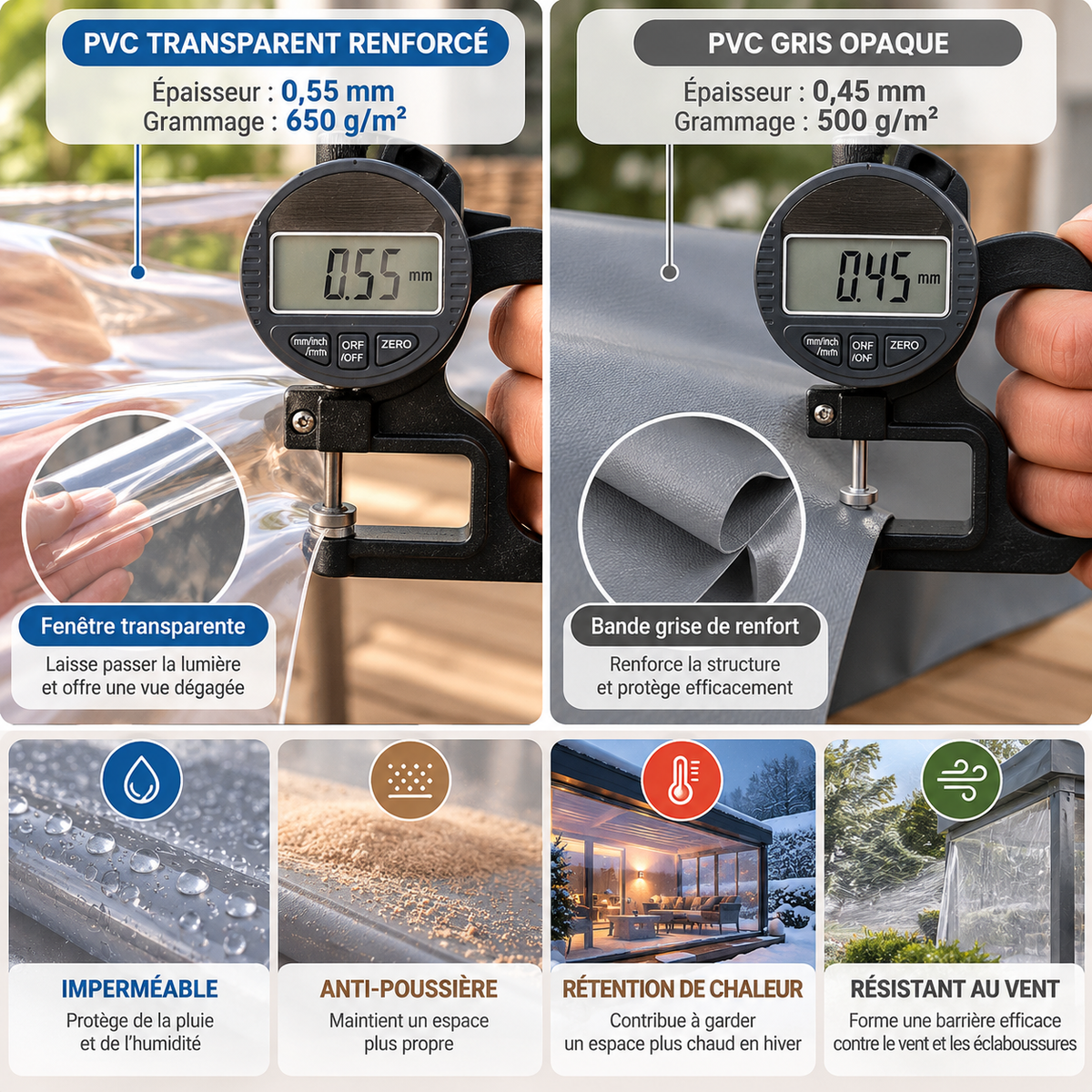 Bâche de protection pour pergola en PVC haute résistance de 650 g/m² et 0,55 mm d'épaisseur, idéale pour aménager une terrasse abritée grâce à sa matière imperméable | Clairéo™ | Instant rideau